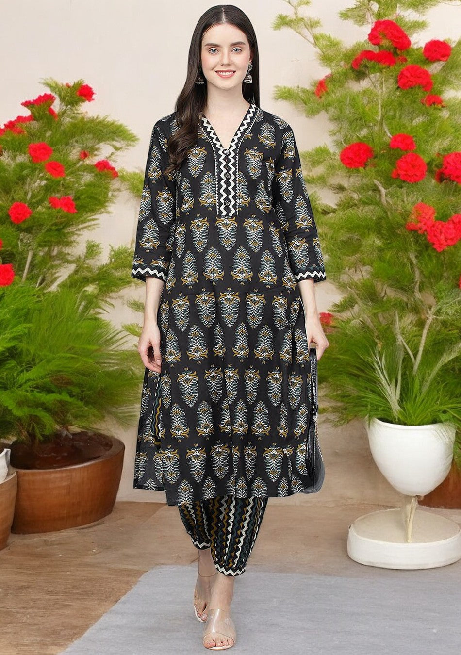 Black Printed Cotton Straight Kurta Hem Cuffed Pant Set