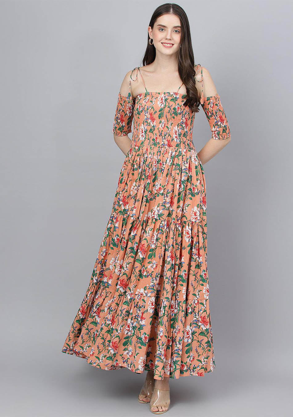 Peach Floral Printed Shoulder Strips Flared Long Dress