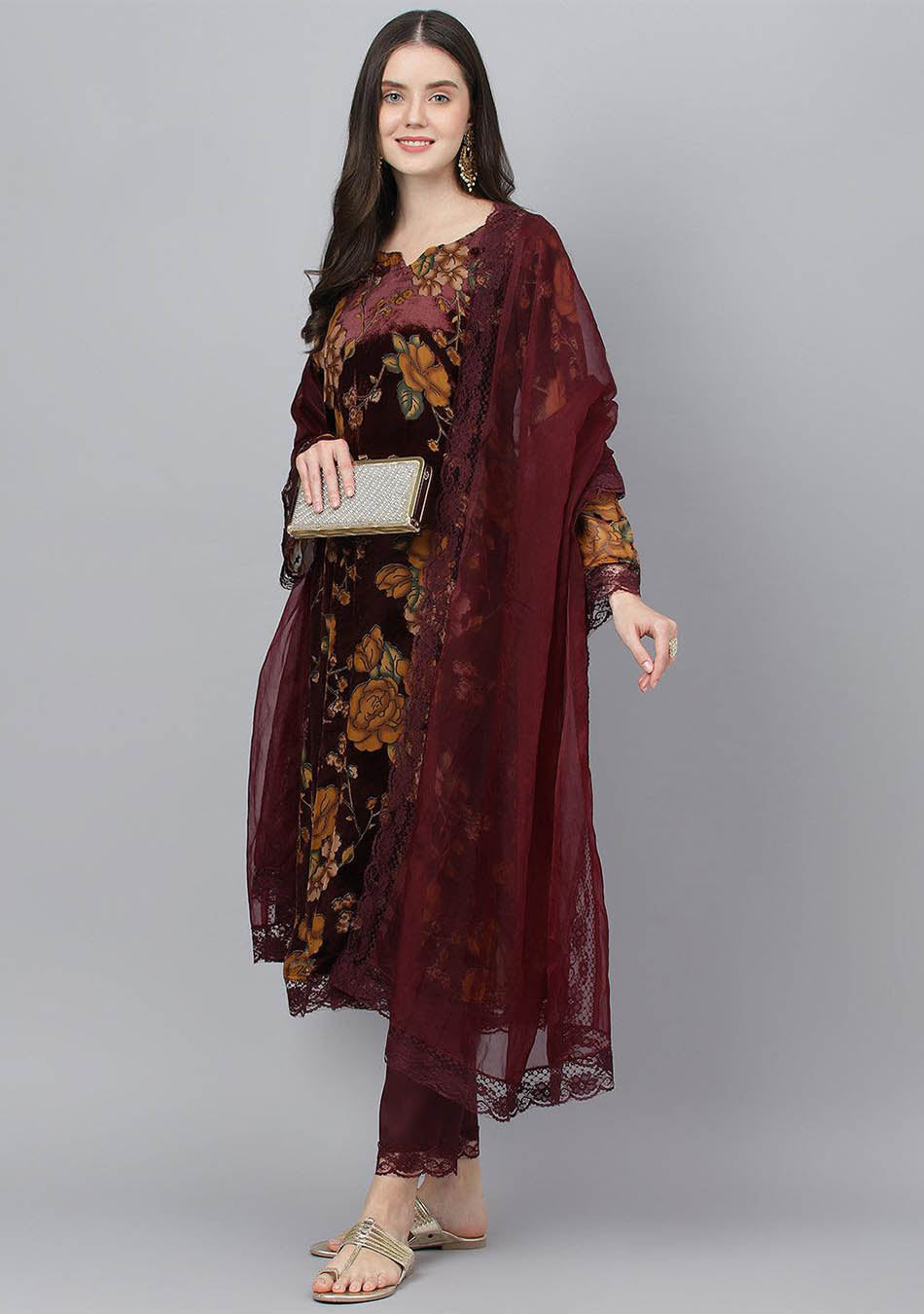 Floral Burn Out Velvet Kurta and Pant Set in Wine with Organza Dupatta