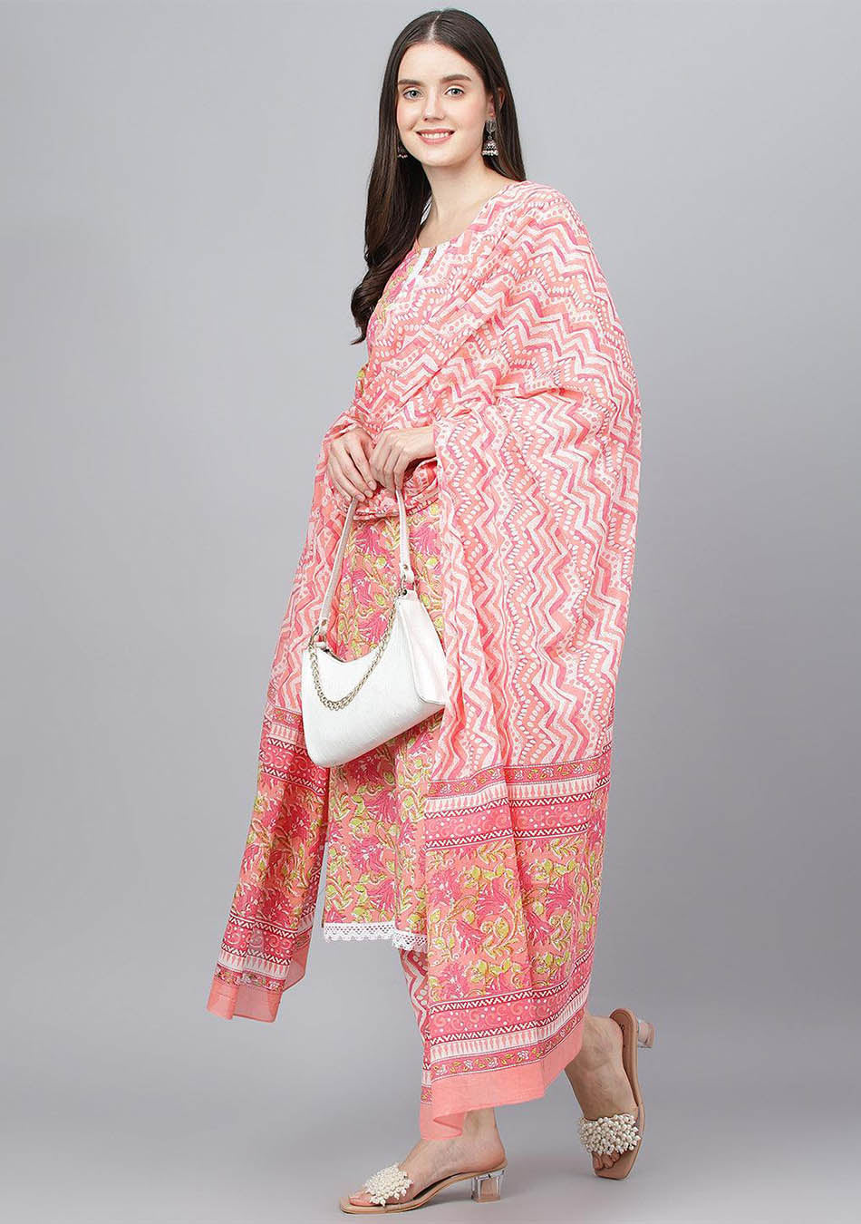 Peach Floral Printed Kurta Pant set With Dupatta