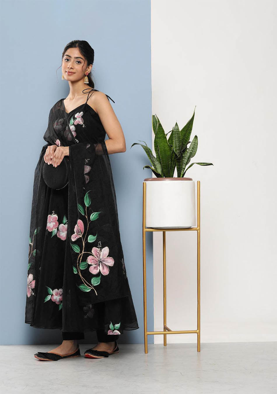 Black Hand Painted Floral Organza Anarkali Kurta Pant Set with Dupatta
