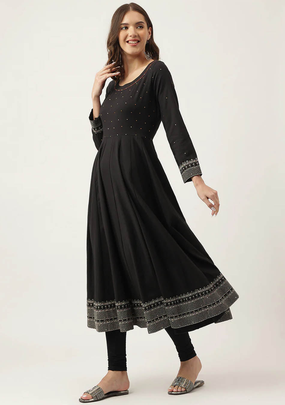 Black Embroidered Cotton Anarkali Kurta