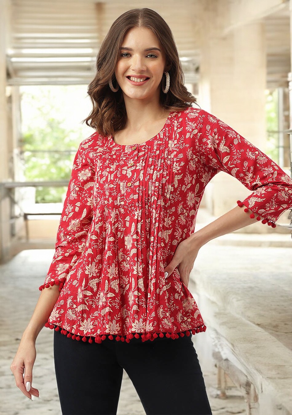 Red Floral Printed Cotton Peplum Top