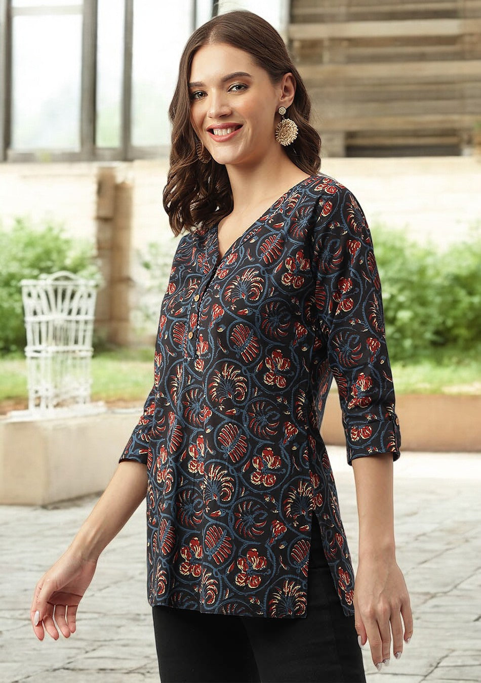 Navy Blue Floral Printed Cotton V-Neck Top