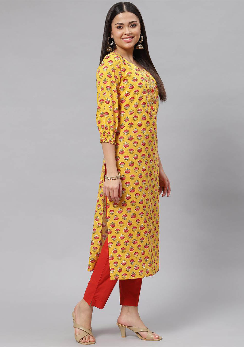 Yellow Floral Cotton Kurta Pant Set with Dupatta