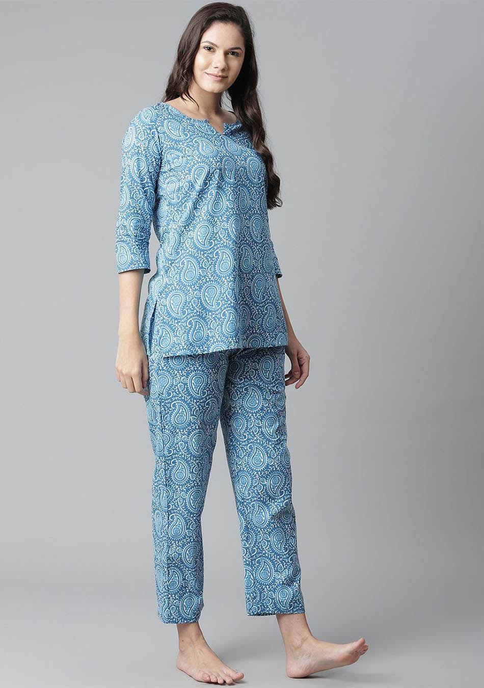 Blue Printed Cotton Nightwear