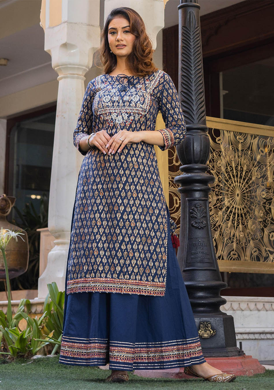 Navy Blue Cotton Gota Patti Palazzo Set