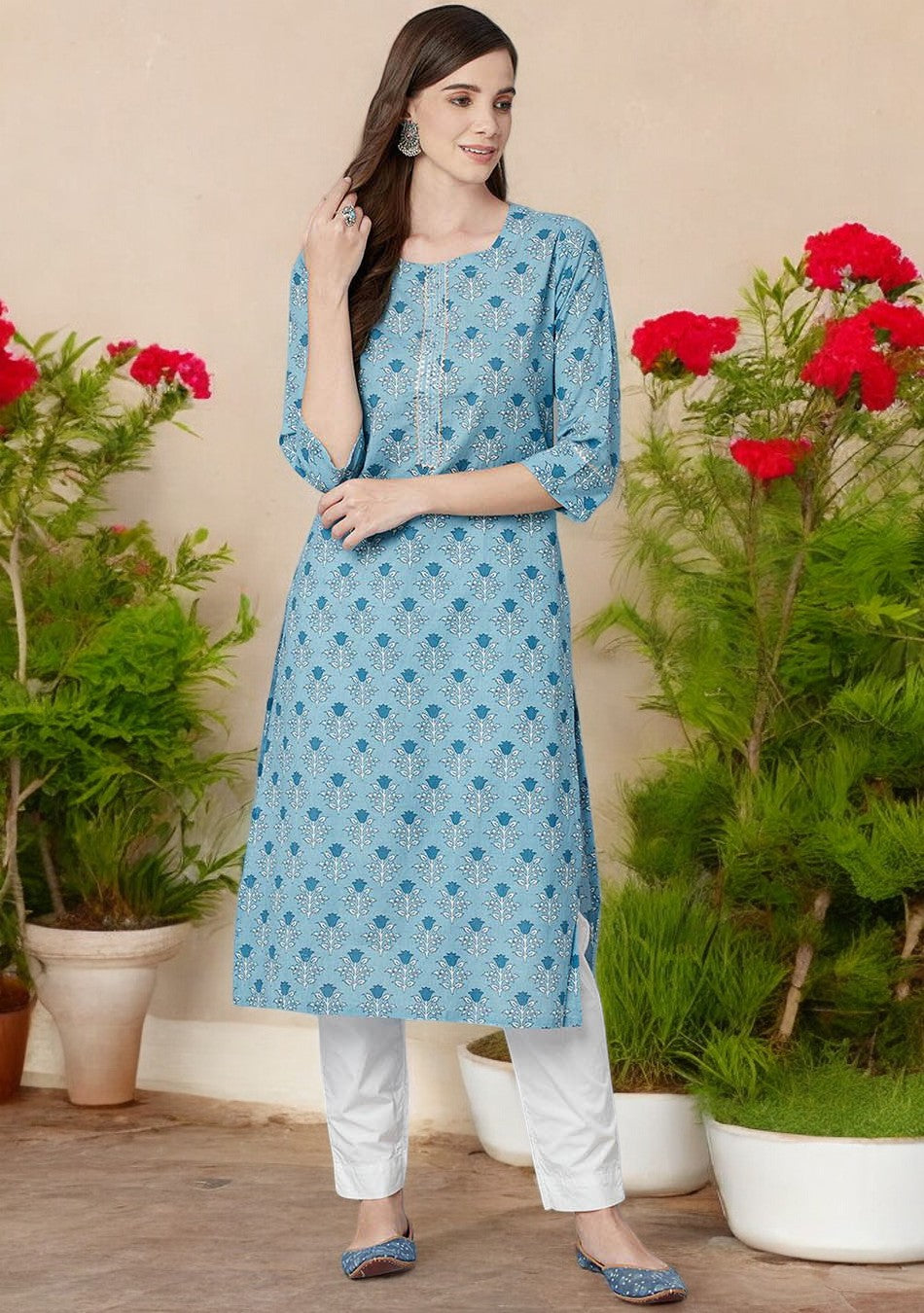 Sky blue Floral Straight Kurta
