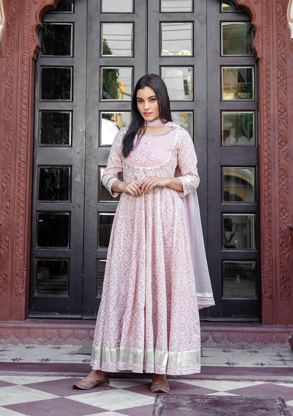 Light Pink Cotton Anarkali Kurta Pant Set with Net Dupatta