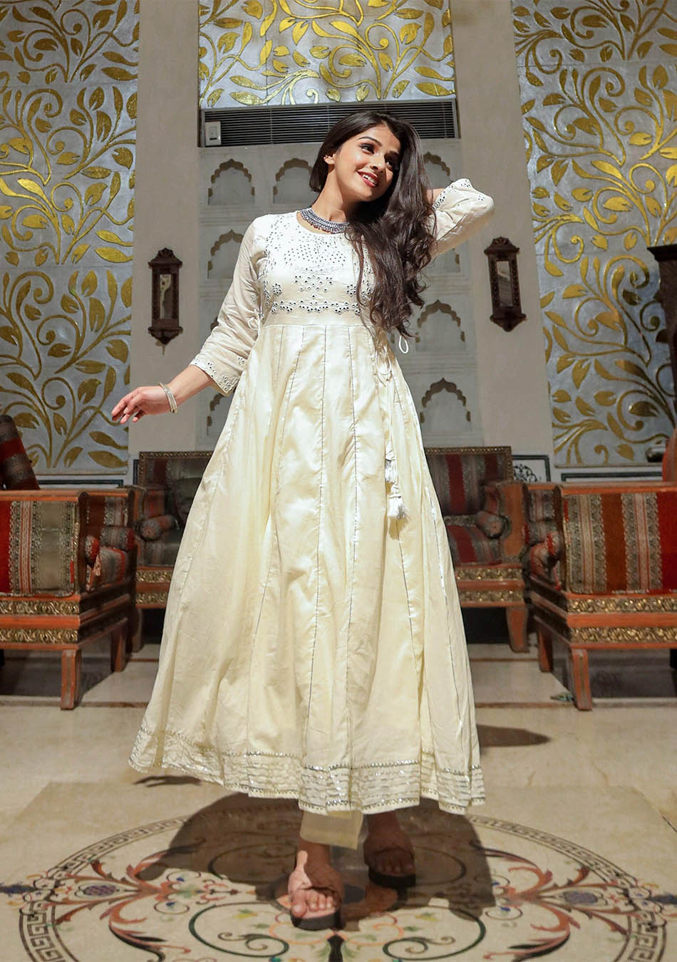 Off White Cotton Anarkali kurta Pant Set