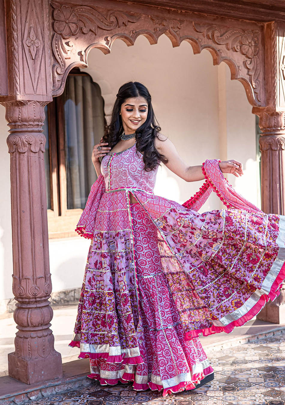 Pink Cotton Sleeve less Anarkali Sharara Set With Dupatta