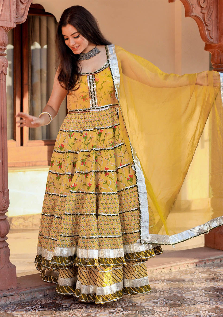 Yellow Cotton Sleeves Less Anarkali Skirt Set With Dupatta