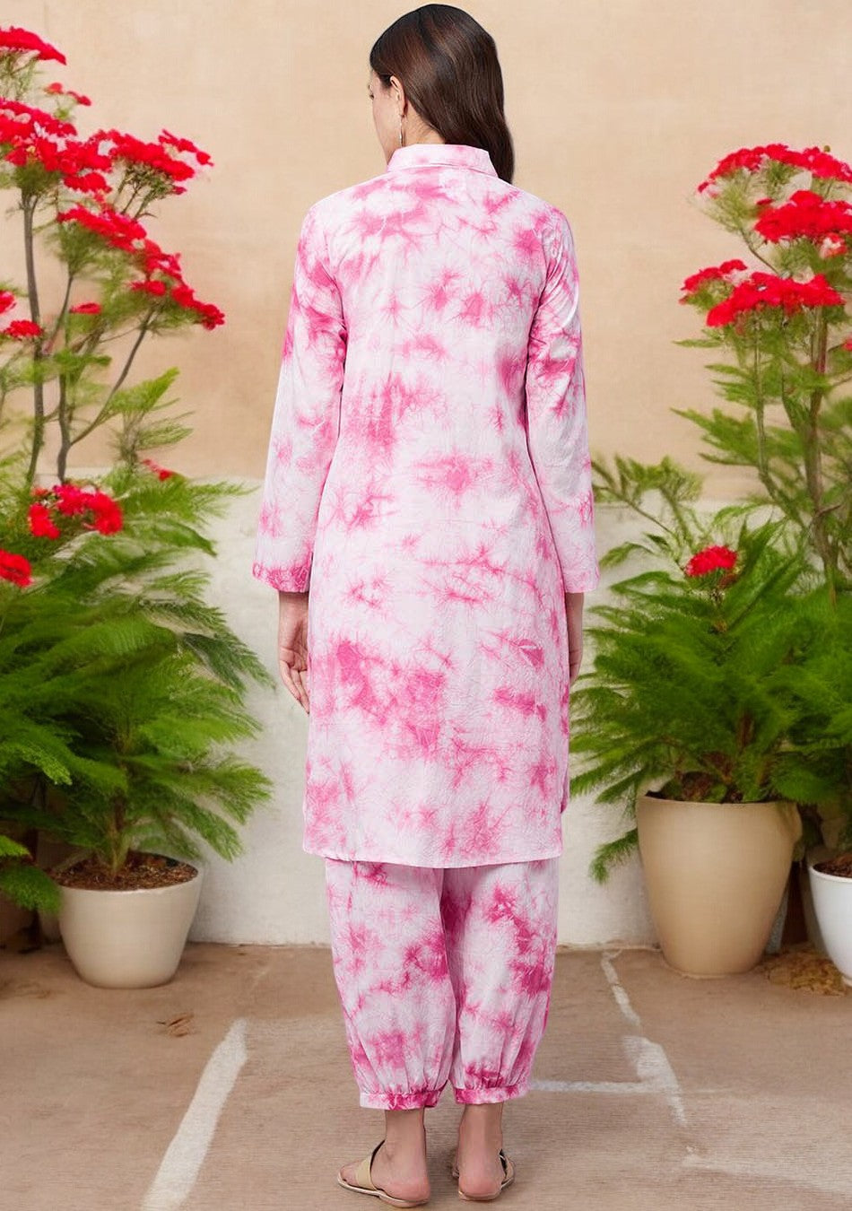 Pink Cotton Shirt-Style Kurta with Cuffed Pant Set