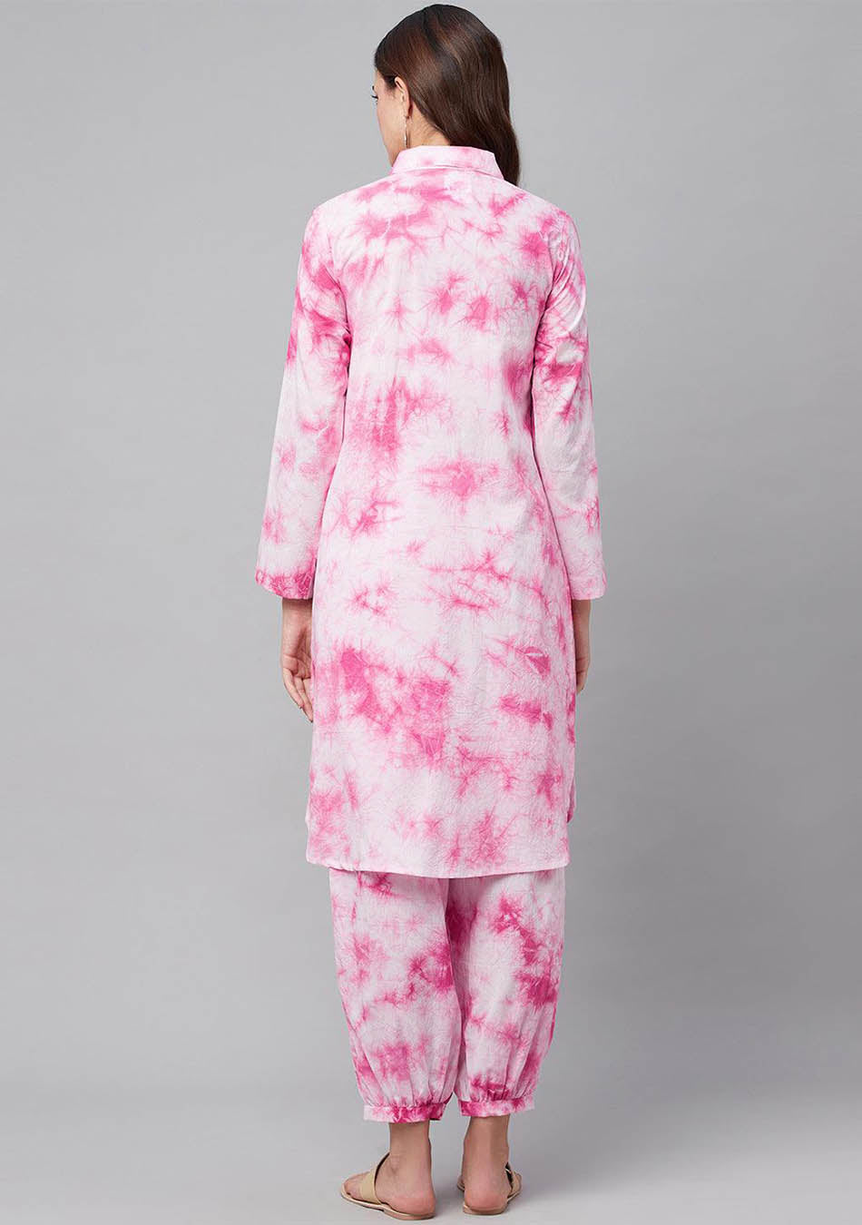 Pink Cotton Shirt-Style Kurta with Cuffed Pant Set