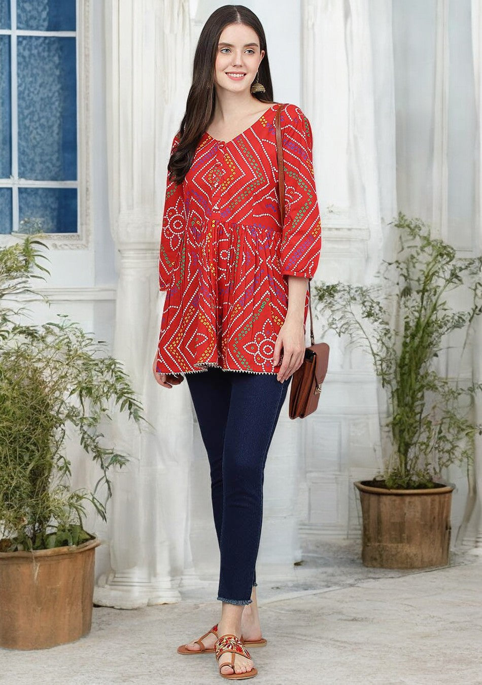 Red Bandhani Printed Cotton Peplum Top