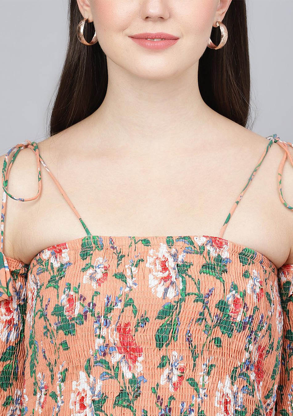 Peach Floral Printed Shoulder Strips Flared Long Dress