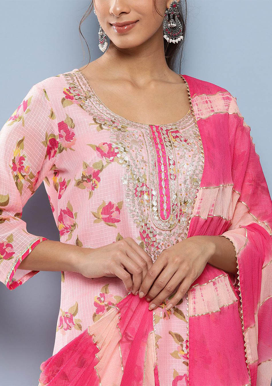 Pink Kota Doria Floral Printed Kurta Pant Dupatta Set