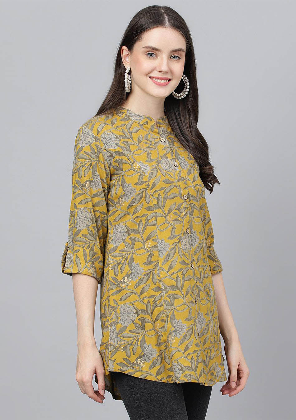 Mustard Floral printed Rayon A-line Shirts Style Top