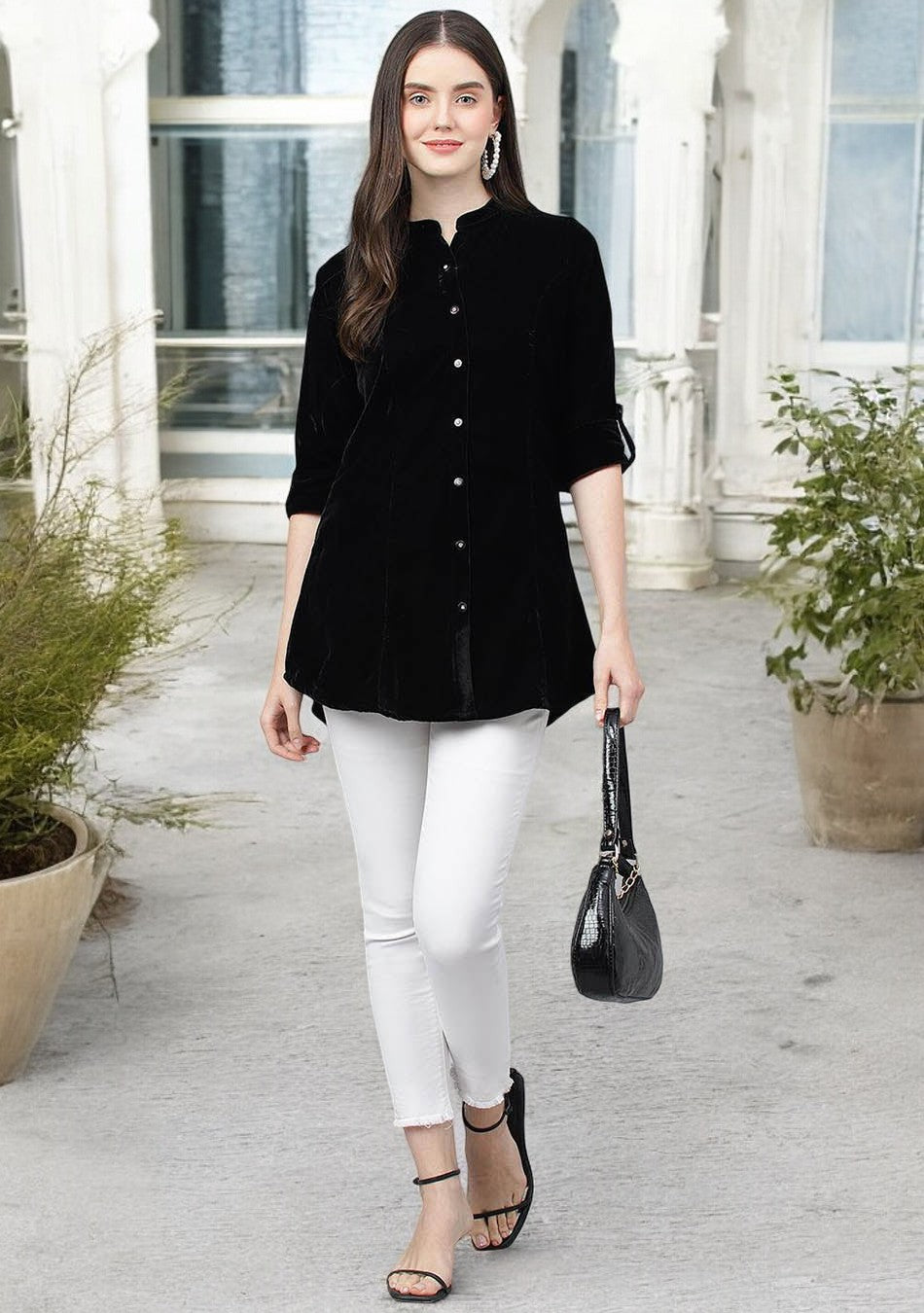 Black Solid Velvet A-line Shirts Style Top