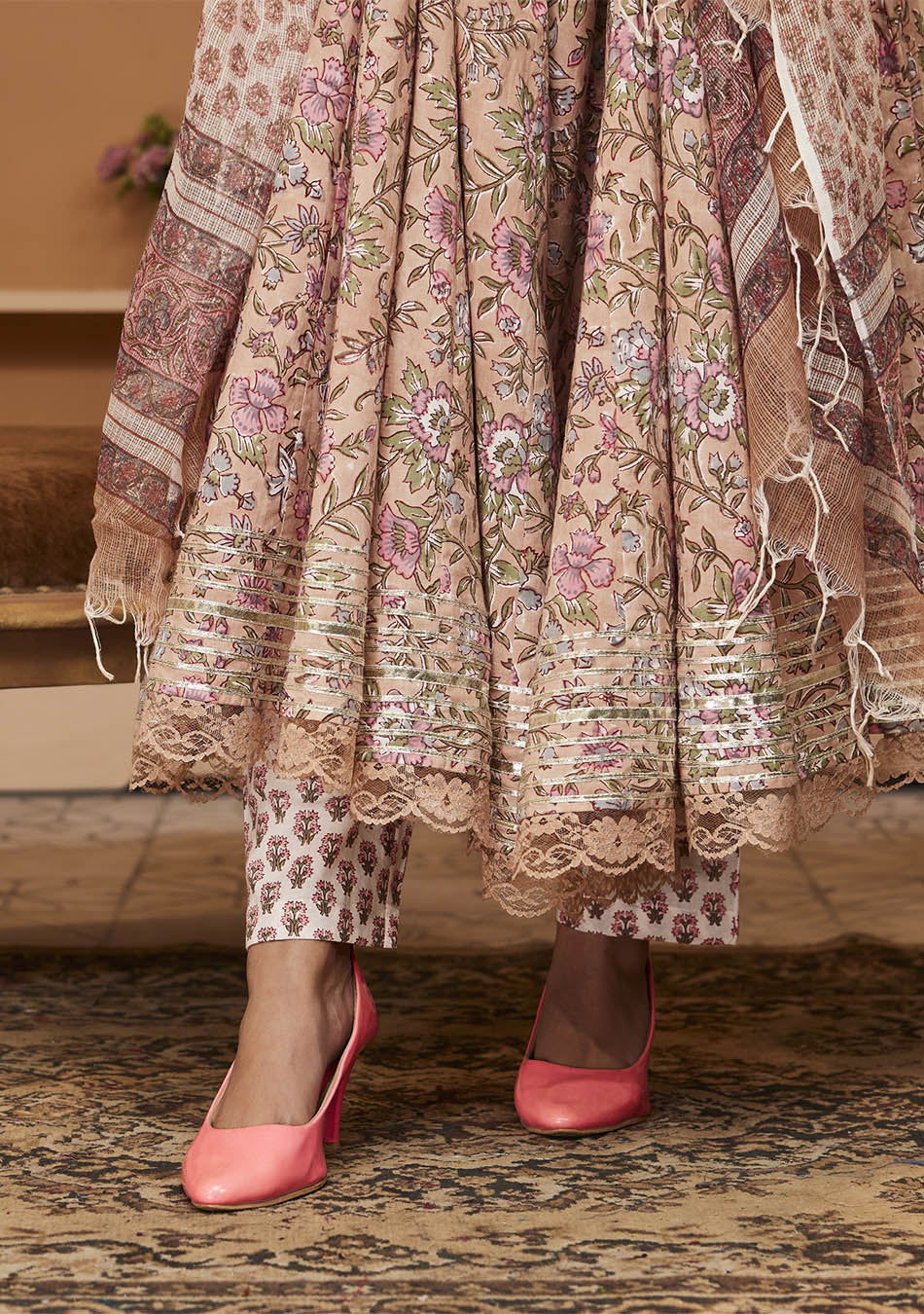 Handblock Printed Beige Anarkali Cotton Kurta With Trousers & Dupatta