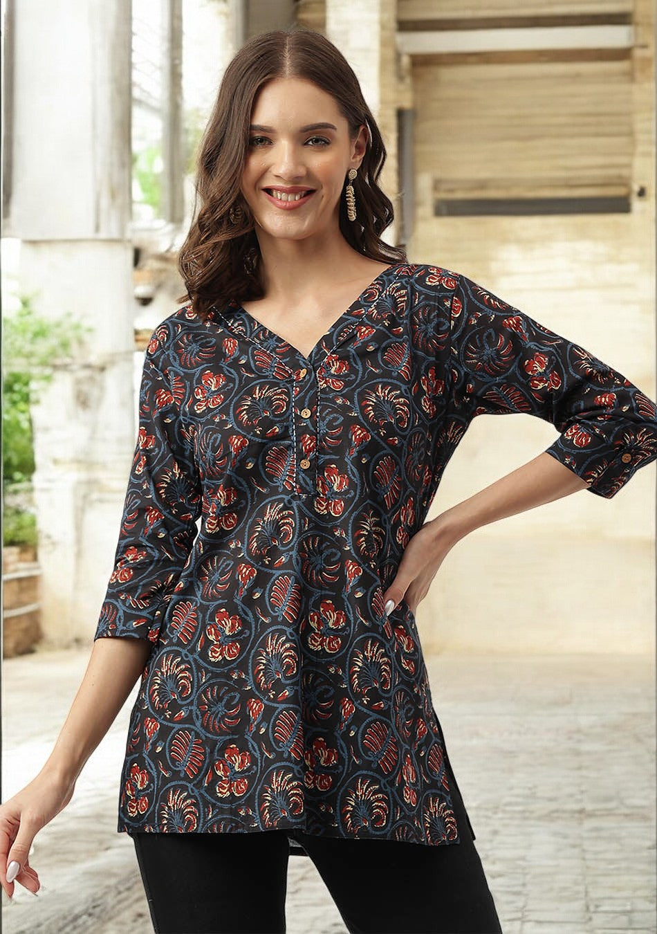 Navy Blue Floral Printed Cotton V-Neck Top