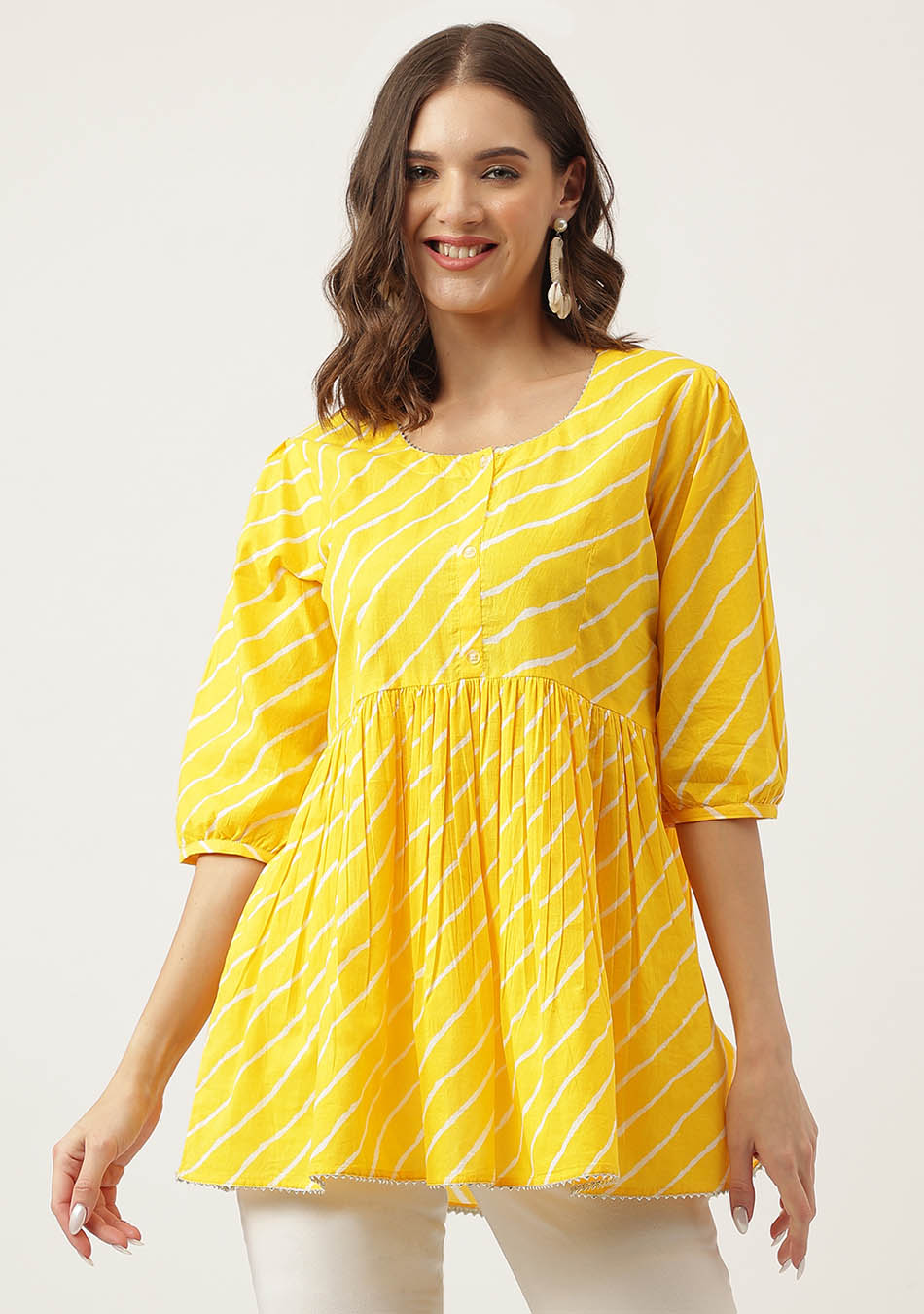 Stripe Printed Yellow Regular Cotton Top
