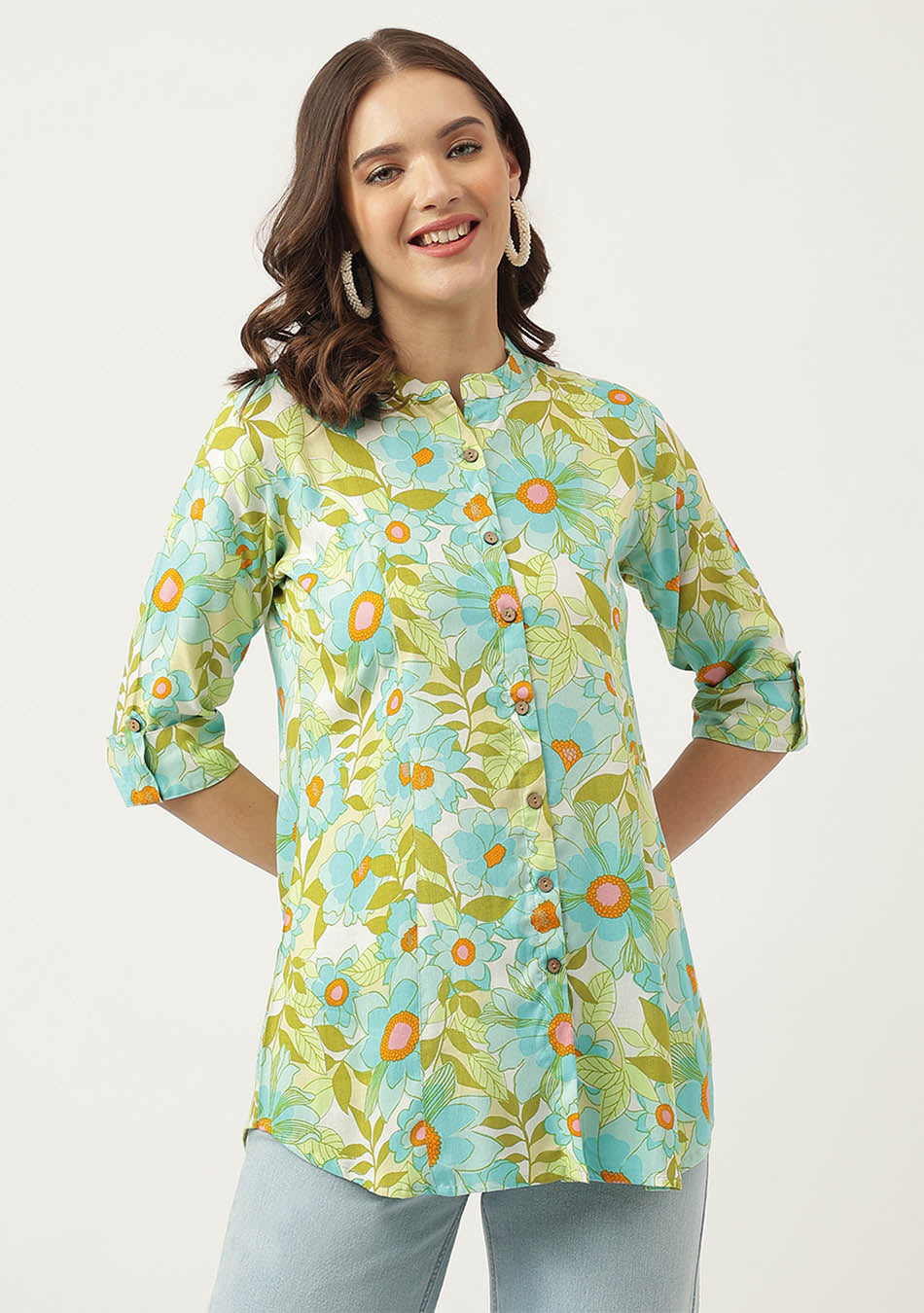 Green Floral Printed Rayon Shirt Style Top