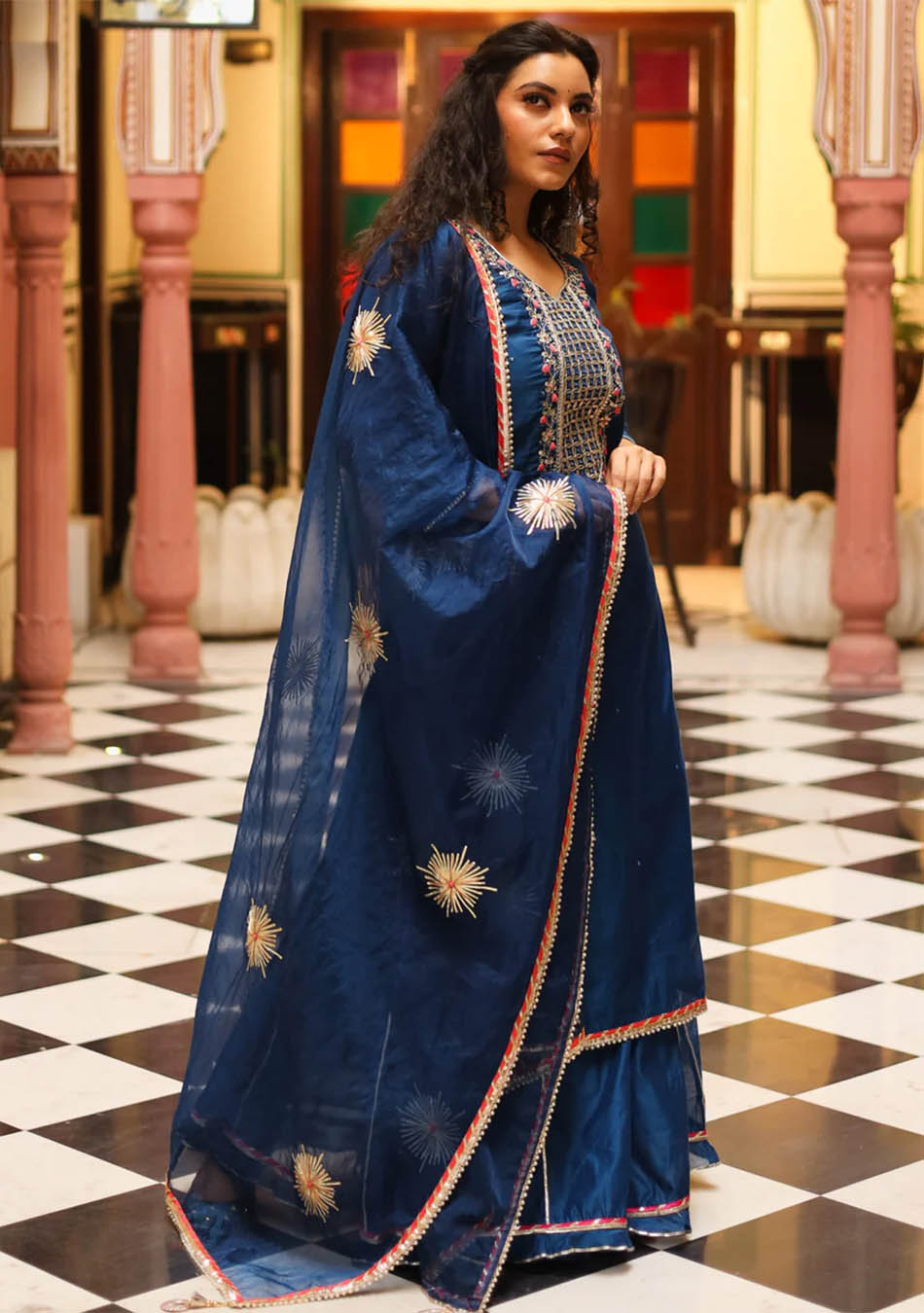 Blue Solid Chanderi Kurta Skirt Set with Dupatta