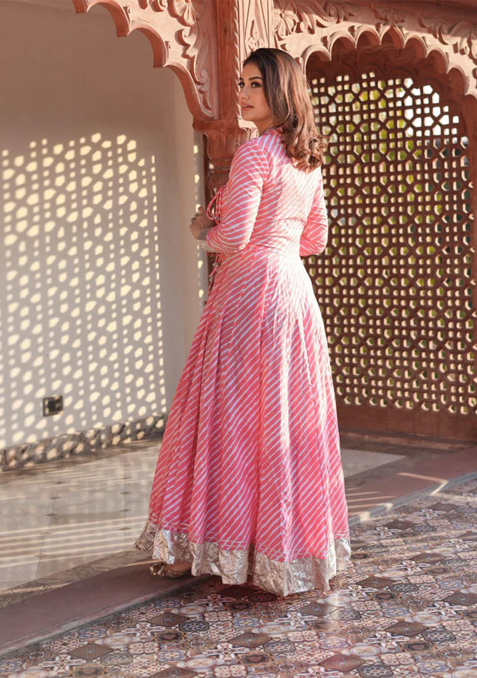 Pink Leheriya Cotton Anarkali With Copper Lace