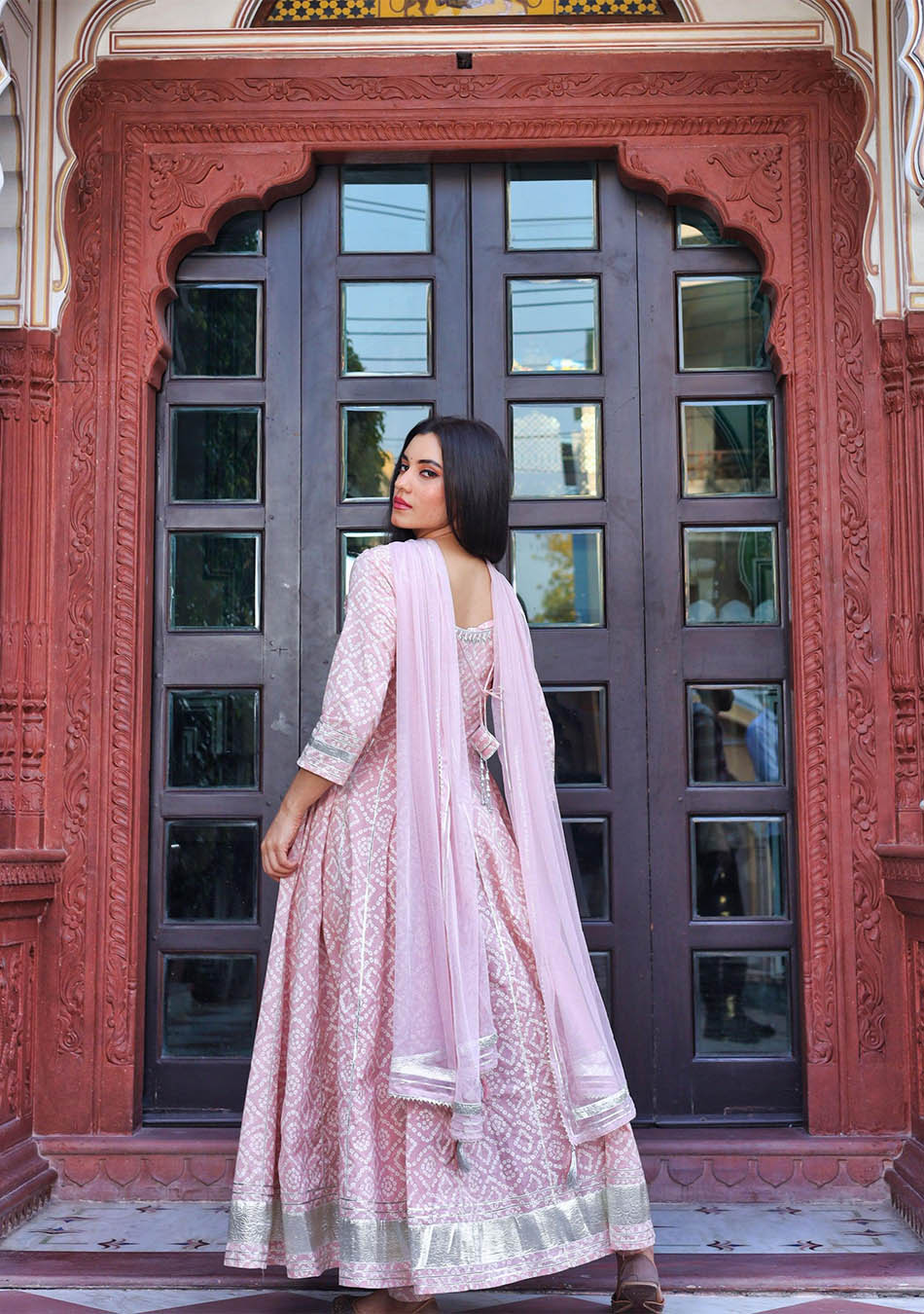 Light Pink Cotton Anarkali Kurta Pant Set with Net Dupatta