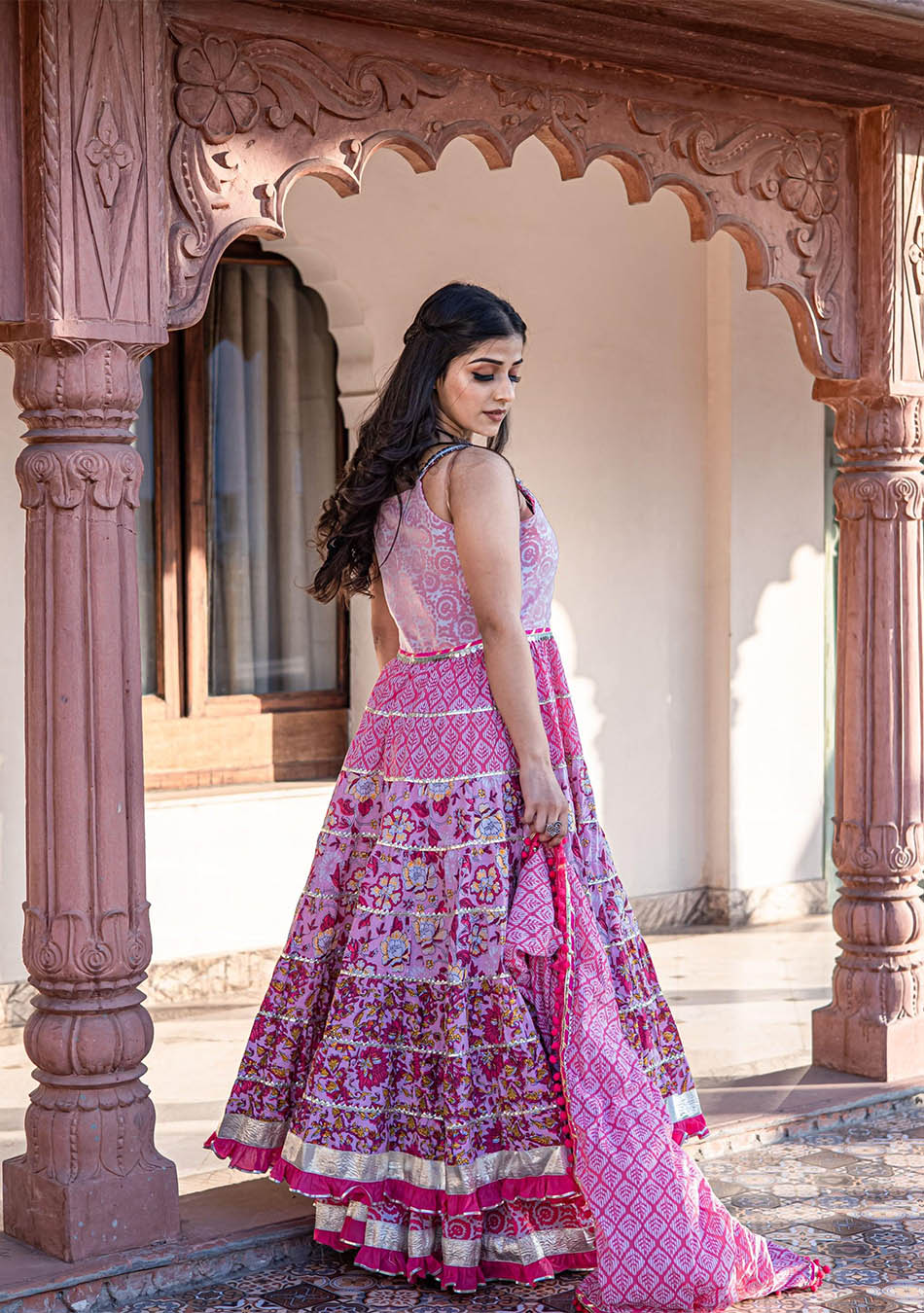 Pink Cotton Sleeve less Anarkali Sharara Set With Dupatta