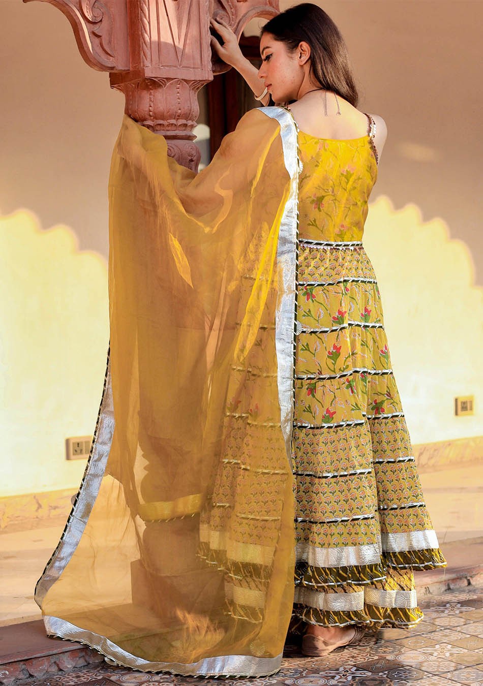 Yellow Cotton Sleeves Less Anarkali Skirt Set With Dupatta