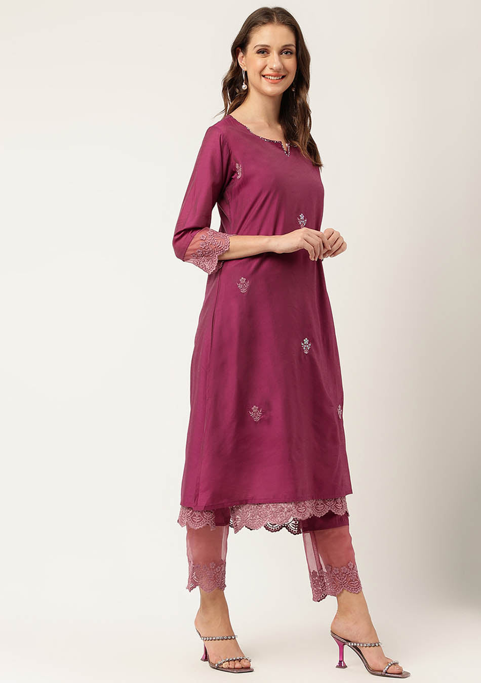 Solid Purple Chanderi Embroidered Kurta with Inner Trouser Inner & Dupatta Set