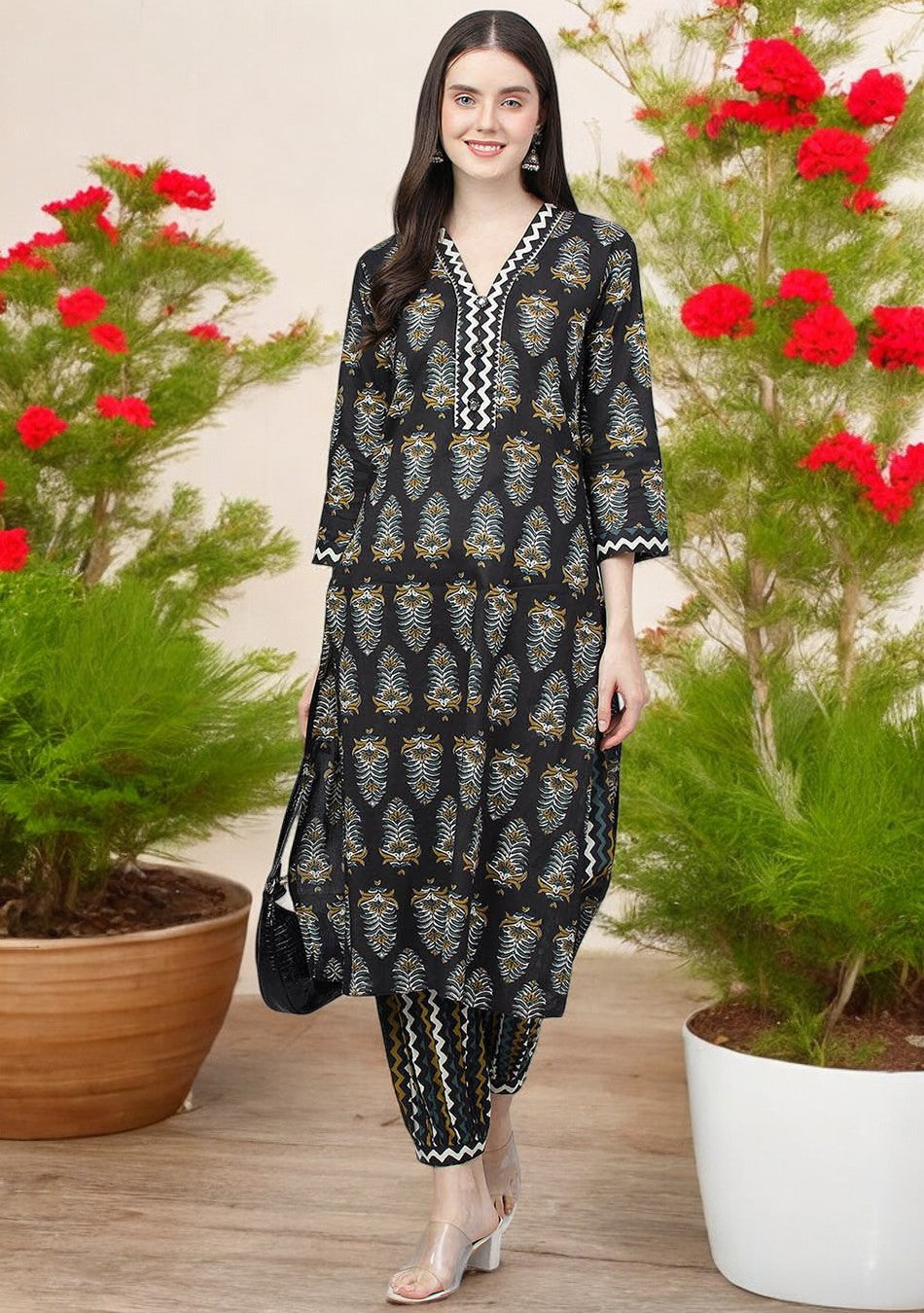 Black Printed Cotton Straight Kurta Hem Cuffed Pant Set