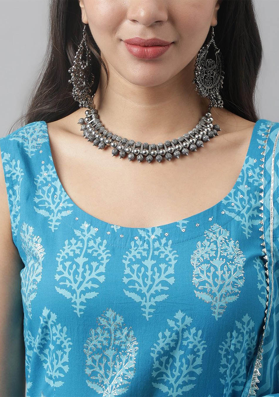 Turquoise Blue Floral Cotton Anarkali Kurta Pant Set with Matching Dupatta