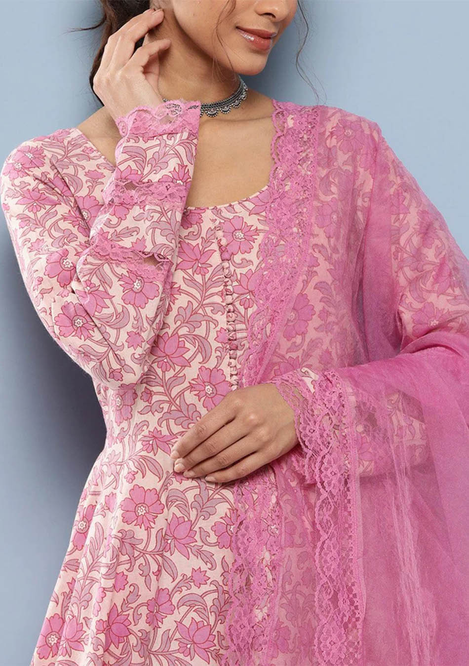 Lilac Floral Printed Anarkali Kurta Pant set with Dupatta