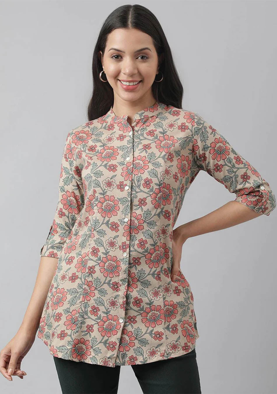 Dark Beige Floral Printed Rayon A-line Shirt Style Top
