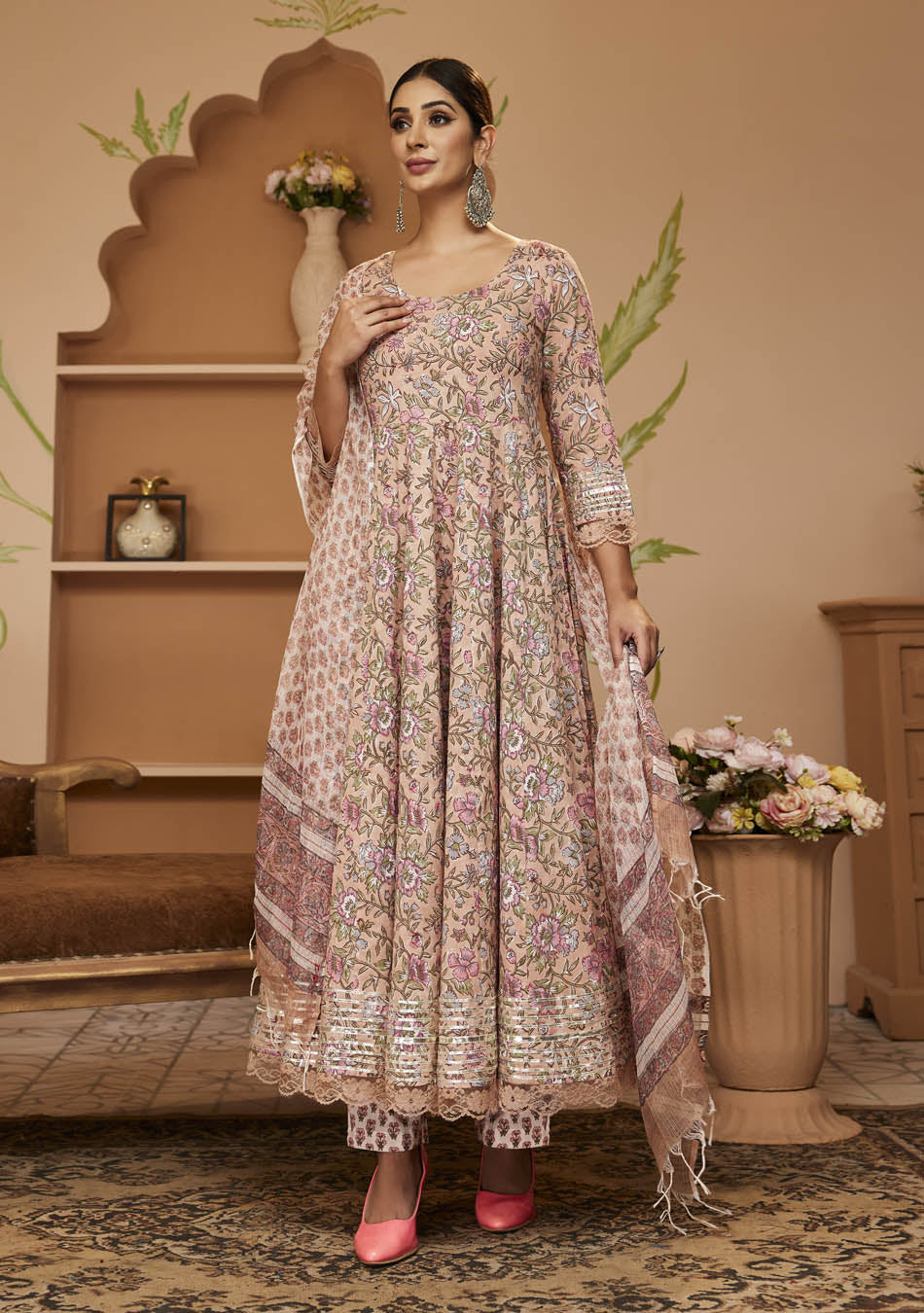 Handblock Printed Beige Anarkali Cotton Kurta With Trousers & Dupatta