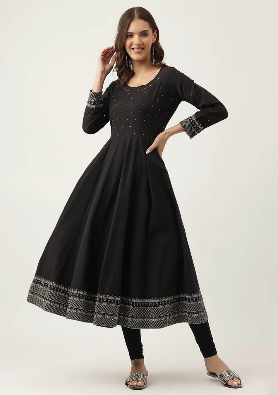 Black Embroidered Cotton Anarkali Kurta