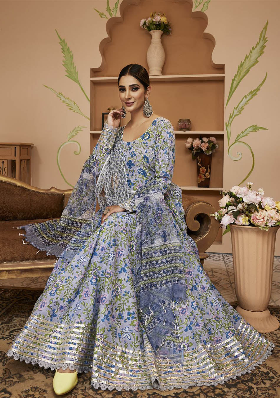 Handblock Printed Blue Anarkali Cotton Kurta With Trousers & Dupatta