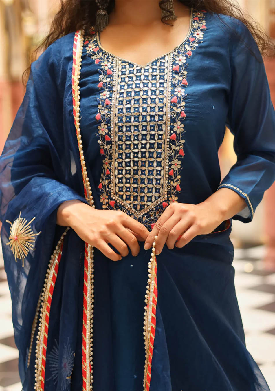Blue Solid Chanderi Kurta Skirt Set with Dupatta