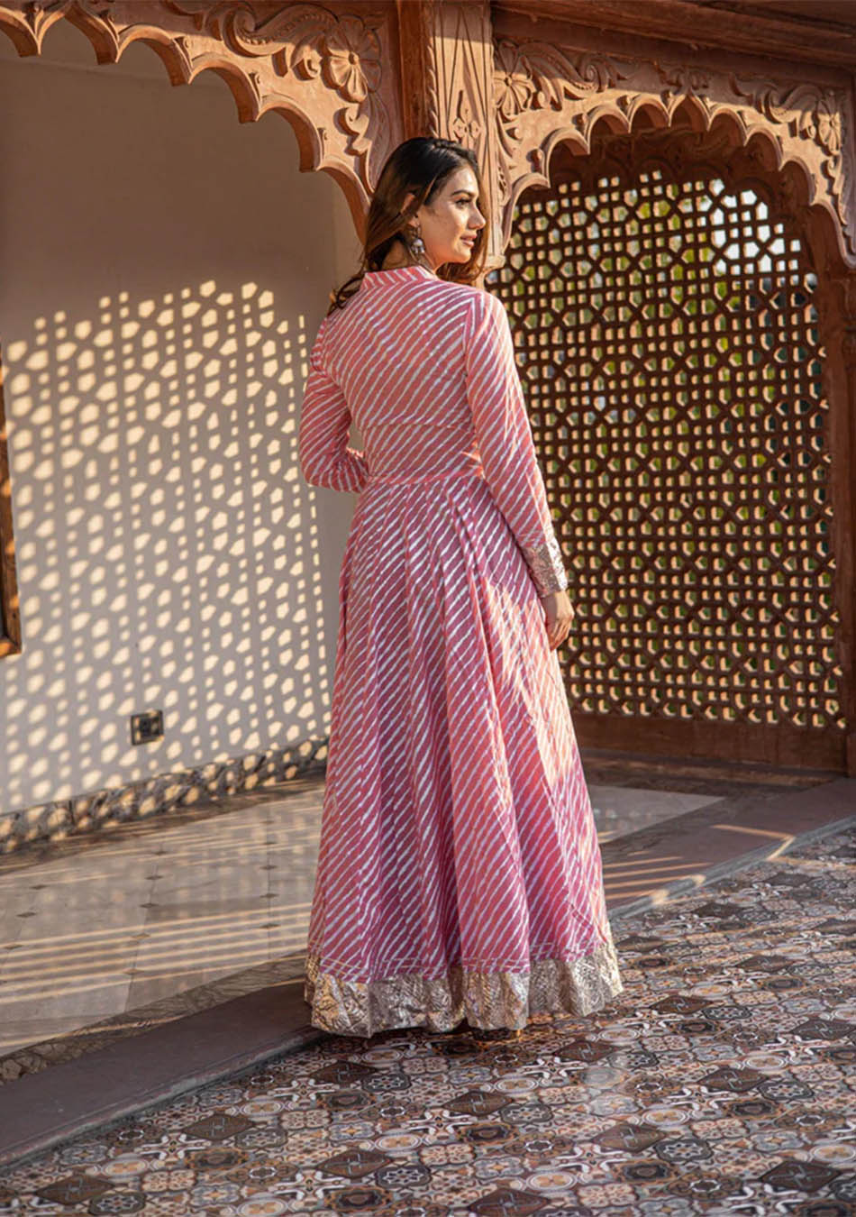 Pink Leheriya Cotton Anarkali With Copper Lace