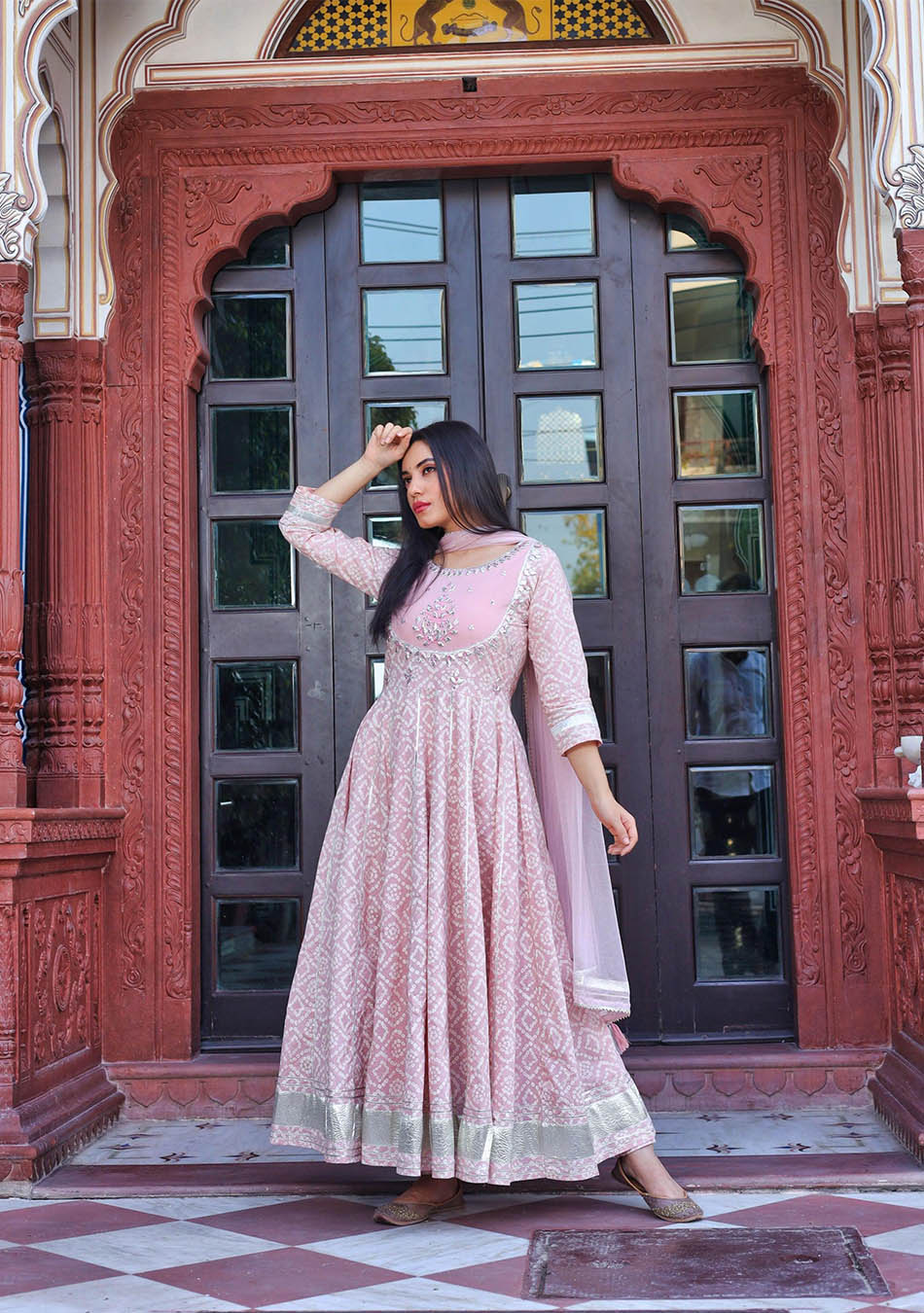 Light Pink Cotton Anarkali Kurta Pant Set with Net Dupatta