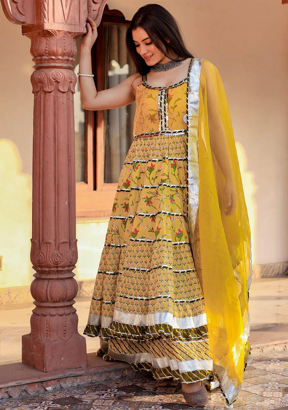 Yellow Cotton Sleeves Less Anarkali Skirt Set With Dupatta
