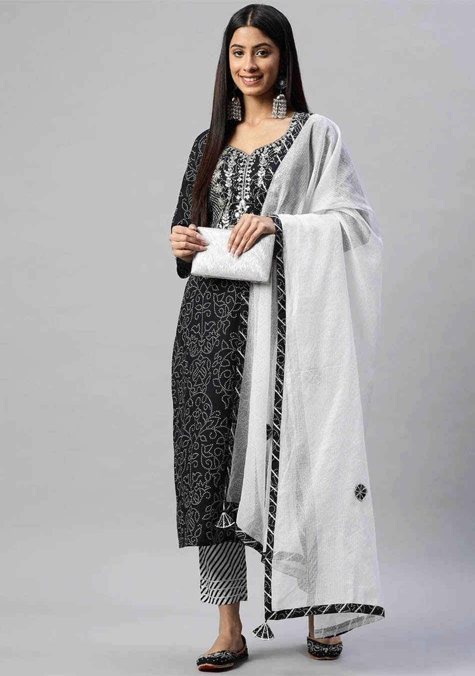 Black and White Cotton Kurta Pant Set With Dupatta