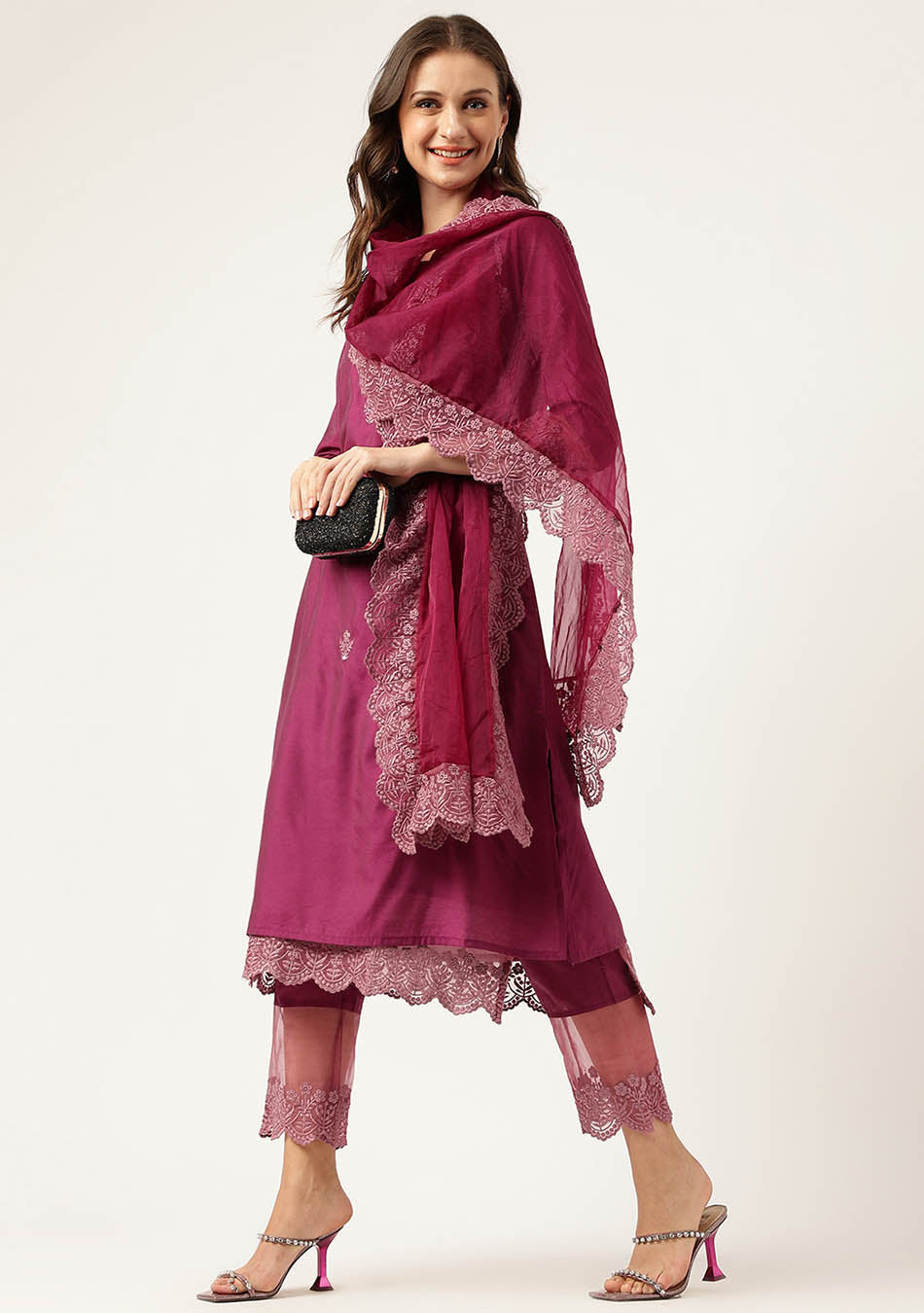 Solid Purple Chanderi Embroidered Kurta with Inner Trouser Inner & Dupatta Set