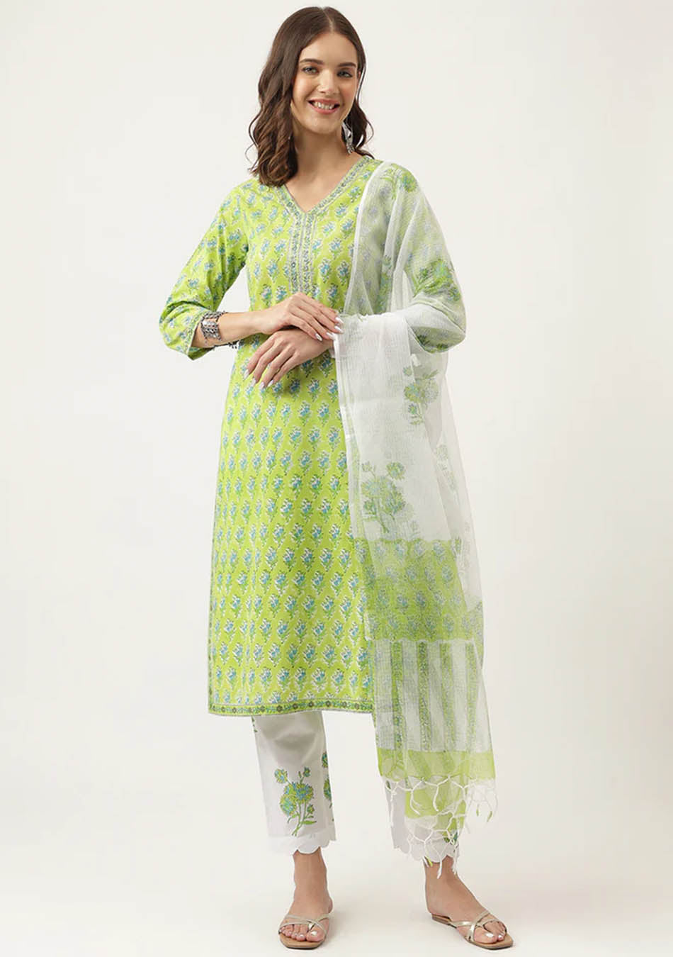 Green Handblock Floral Printed Kurta Trouser & Kota Doria Dupatta Set