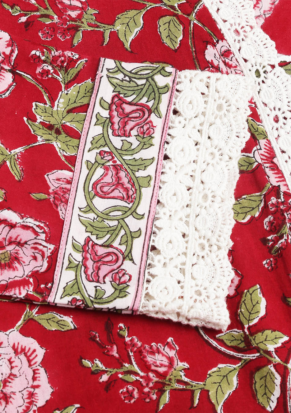 Floral HandBlock Printed Kurta Trouser & Kota Dori Dupatta Set