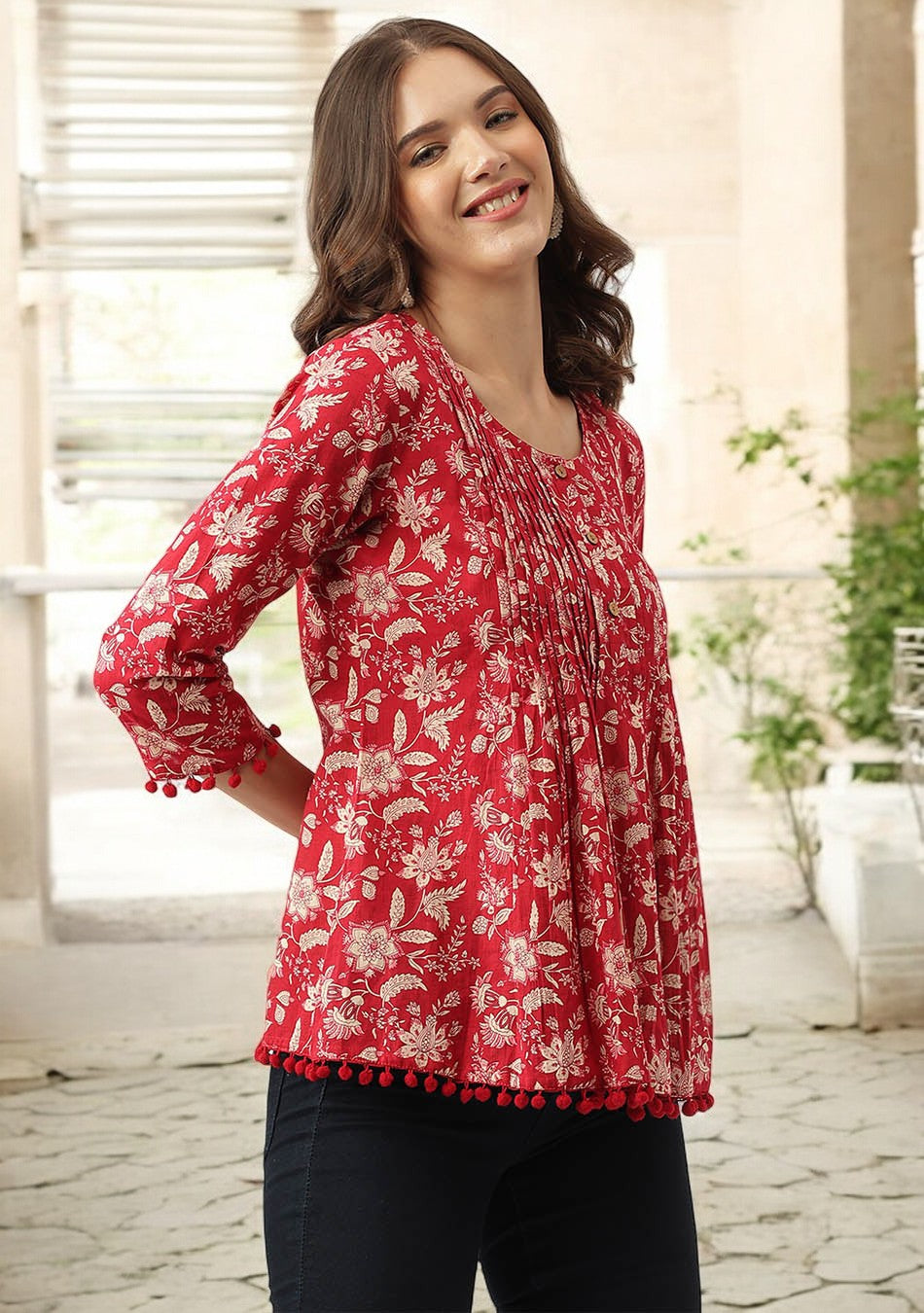 Red Floral Printed Cotton Peplum Top