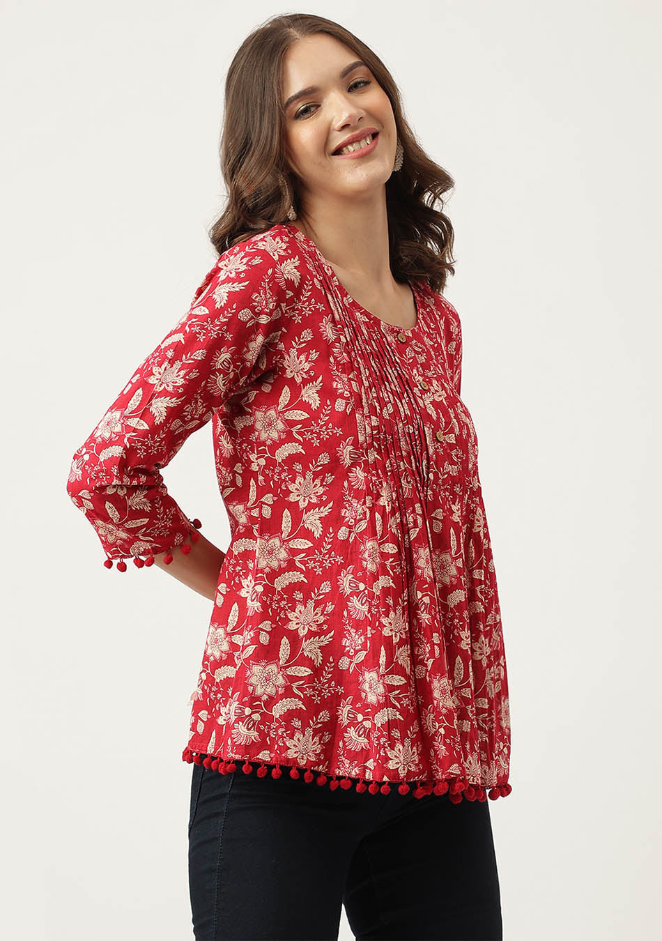 Red Floral Printed Cotton Peplum Top